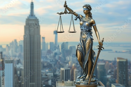 Statue of Themis, the goddess of justice, stands on the top of skyscraper, holding a balance scale, city on background. Beautiful realistic image. 