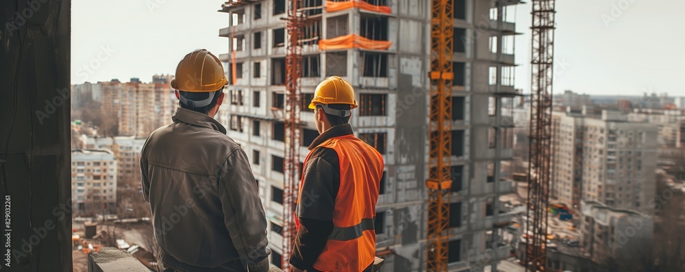 Builders in hard hats monitor the progress of house construction.