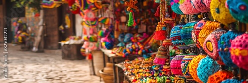 An array of handcrafted items at an outdoor market boasting colorful textiles and festive atmosphere photo