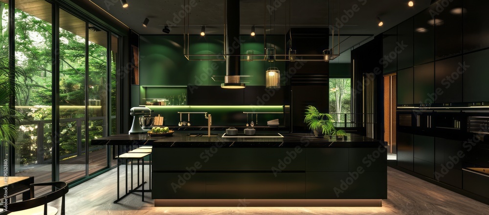 Stylish kitchen design with an emerald green island, black quartz ...