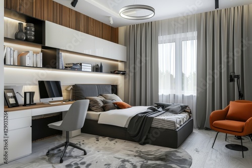 Modern stylish teenagers room interior with sleek workplace and comfortable bed