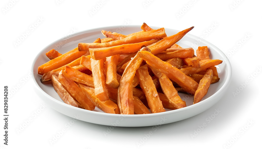 Plate with delicious sweet potato fries on white background Plate with delicious sweet potato fries on white background