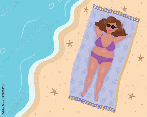 A girl is sunbathing on the beach. A plump girl against the background of tropical sand and ocean. A beautiful girl in a purple swimsuit is sunbathing on the beach. Vector illustration of the beach.