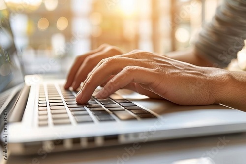 Hands typing on a laptop with visible Wi Fi signals, symbolizing constant connectivity and digital access in todays tech landscape photo