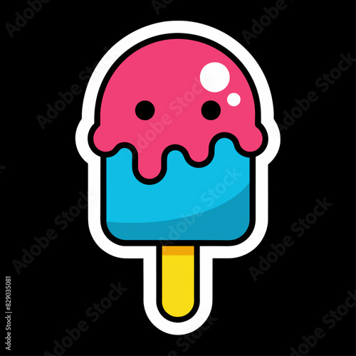 Colorful ice cream on stick with pink and blue icing on black background