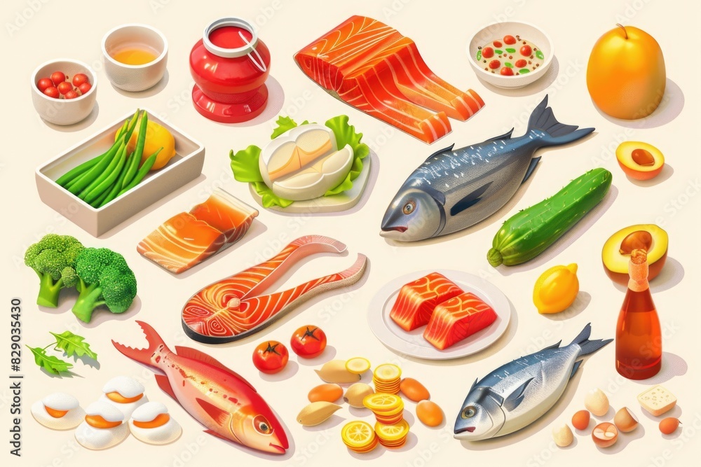 A variety of food including fish, vegetables, eggs. Ideal for restaurant menus or food blogs A variety of food including fish, vegetables, eggs. Ideal for restaurant menus or food blogs