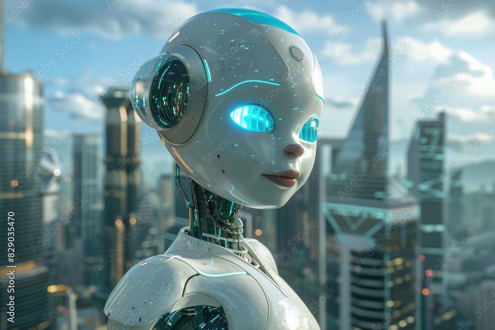 A white robot with blue eyes standing in front of a city. Perfect for technology or futuristic concepts A white robot with blue eyes standing in front of a city. Perfect for technology or futuristic concepts