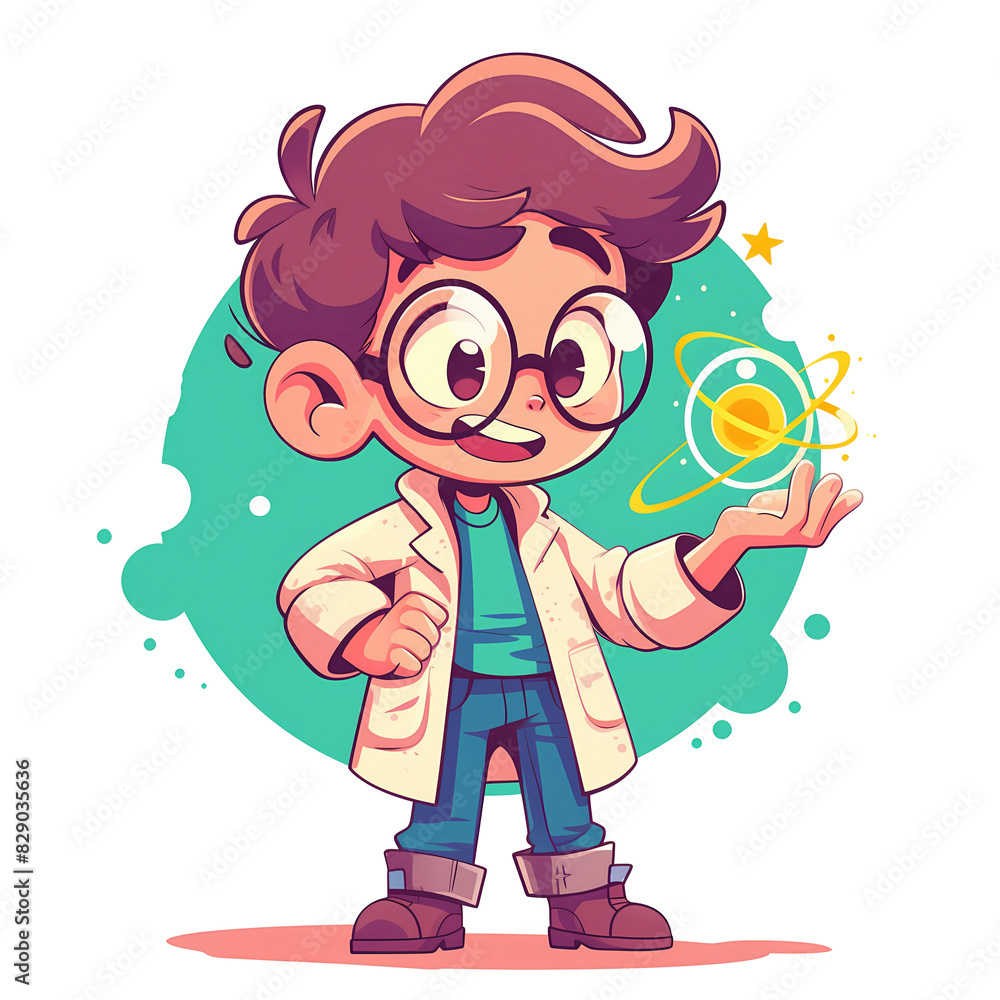 Boy holding glowing atom model. Illustration isolated on transparent background. Physics and chemistry education concept. Design for children's textbooks, science fair posters. Boy holding glowing atom model. Illustration isolated on transparent background. Physics and chemistry education concept. Design for children's textbooks, science fair posters.