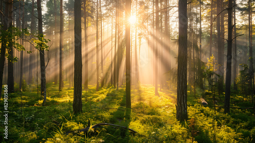 The sun is shining through the trees, casting a warm glow on the grass © JuroStock