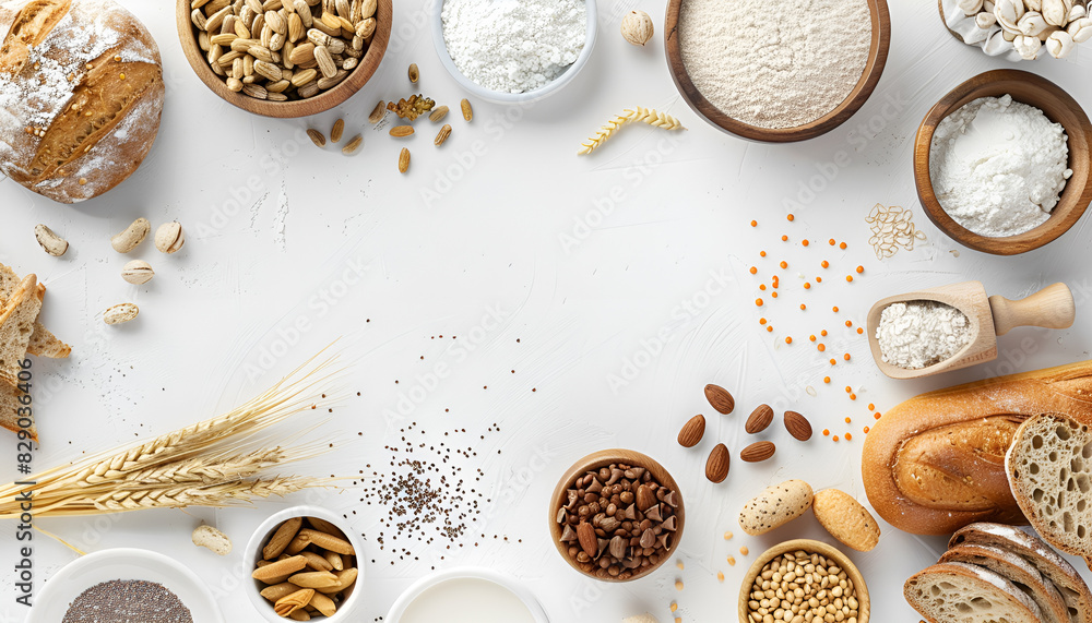 Different gluten free products on white background, top view Different gluten free products on white background, top view