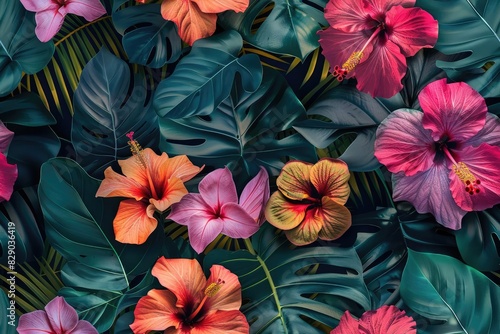 Vibrant tropical flowers and lush green leaves create a beautiful seamless pattern.