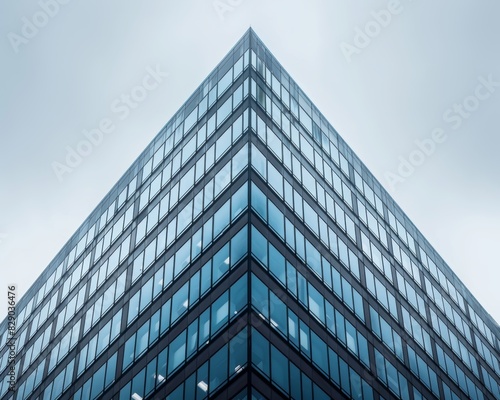 Symmetrical glass-adorned tall building in urban city skyline  architectural photography