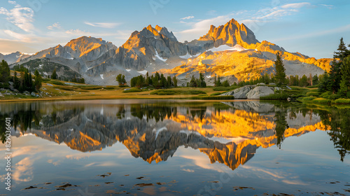 A beautiful mountain lake with a reflection of the mountains in the water photo