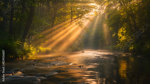A stream of water flows through a forest, with sunlight shining on the water