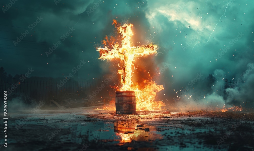 a bright large Christian cross burning with white fire, placed on the trunk in the background, and the sky for the text is blue in another place a bright large Christian cross burning with white fire, placed on the trunk in the background, and the sky for the text is blue in another place