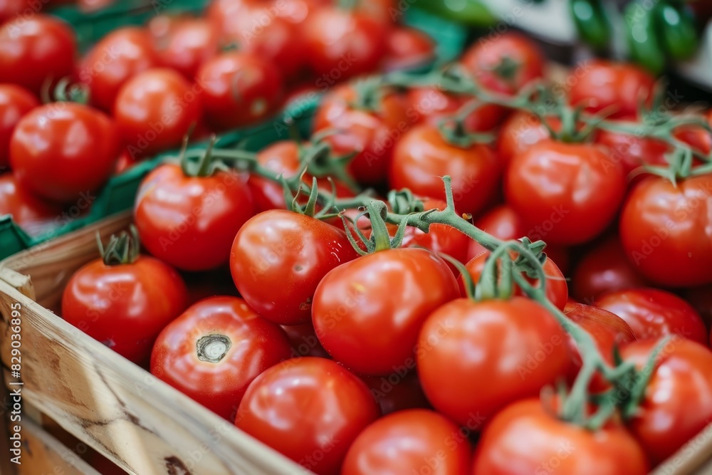 Organic red tomatoes, fresh produce at farmers market, summer agriculture farm background Organic red tomatoes, fresh produce at farmers market, summer agriculture farm background