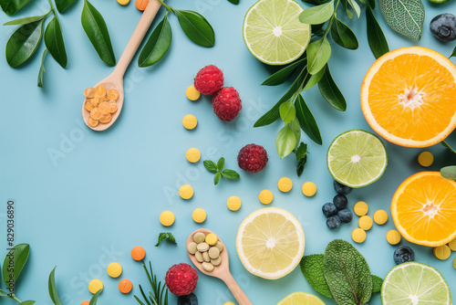Colorful composition of various fruits berries herbs and pills on a blue background Concept of healthy eating dieting alternative medicine and herbal remedies photo