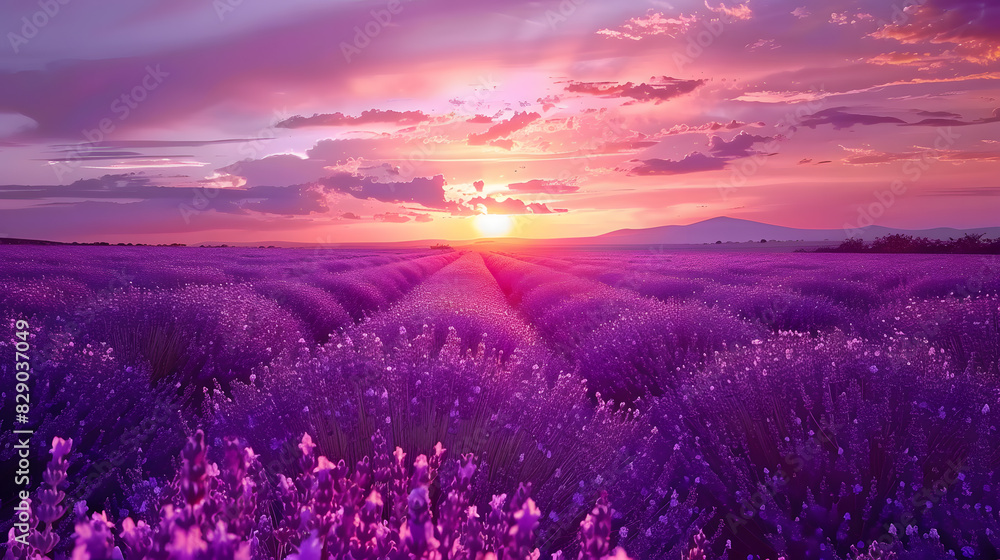 A field of lavender flowers with a red sky in the background A field of lavender flowers with a red sky in the background