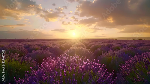 A field of lavender flowers with a red sky in the background