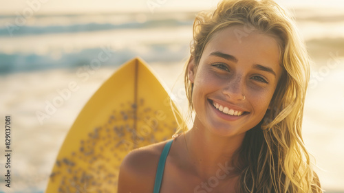 Portrait of a smiley young woman with a curly hairstyle, shot at the sunny day of beach vacation.