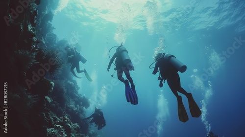 divers in a bright underwater reef with fish and corals