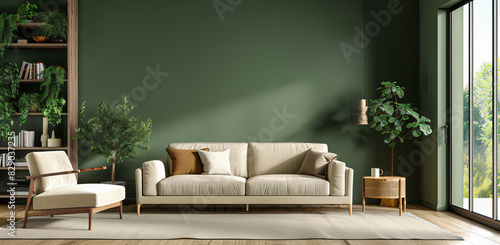 sala moderna  parede verde e sofá bege. Conceito de design de casa minimalista para um banner de fundo interior de casa. Ilustração 