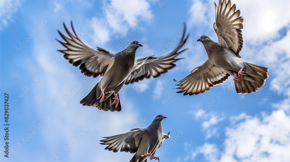 Obraz premium Pigeon in flight against the blue sky, pigeons in flight