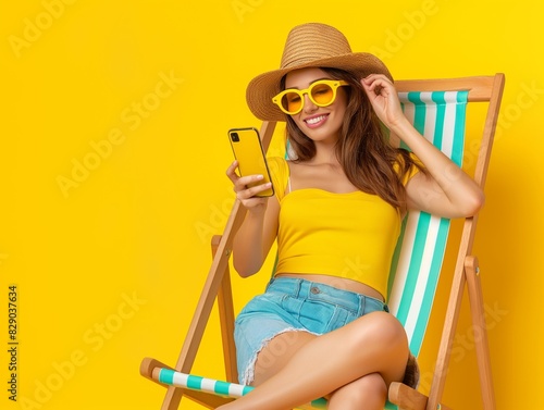 woman wearing glasses having rest, talking phone isolated bright color background. Tourist travel concept