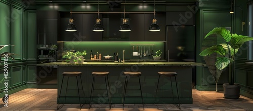 Modern black and green kitchen interior featuring matte black fixtures