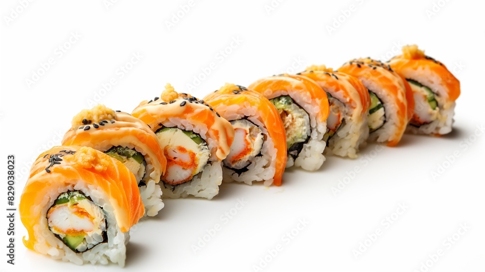 Sushi roll with salmon and shrimp tempura, sushi rolls on white background Sushi roll with salmon and shrimp tempura, sushi rolls on white background