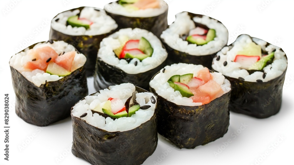 Sushi roll with salmon and shrimp tempura, sushi rolls on white background Sushi roll with salmon and shrimp tempura, sushi rolls on white background