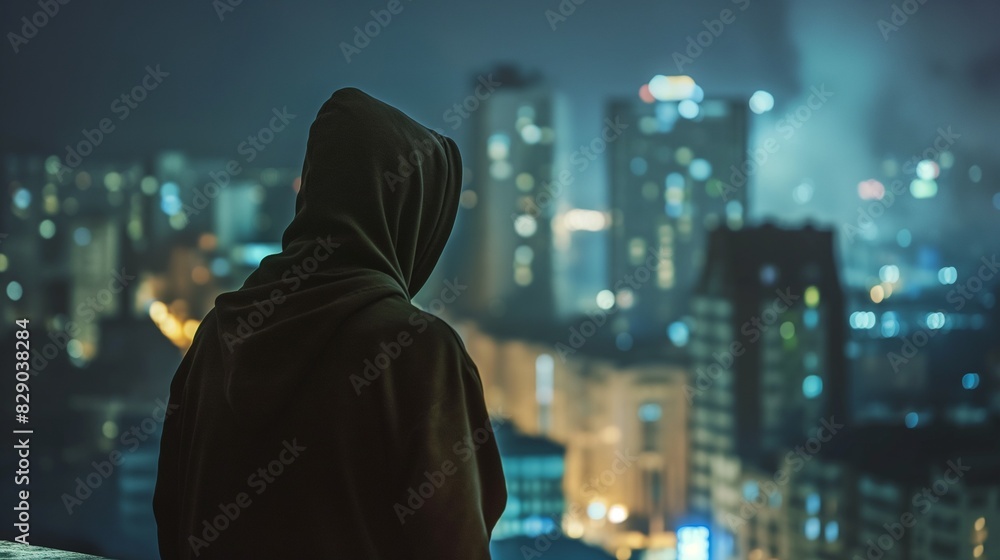 back view of hacker in sport suit standing on roof top above night megapolis city, anonymous faceless man in a hood back view of hacker in sport suit standing on roof top above night megapolis city, anonymous faceless man in a hood