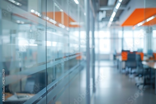 Modern office interior with gray tones  glass partitions  orange accents.