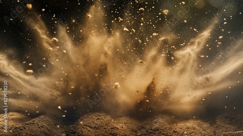 Sandy explosion isolated on over dark background  Sand explosion with splashes