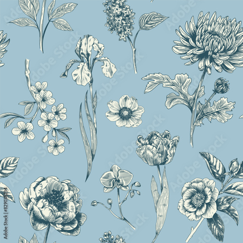 Abstract modern floral seamless pattern with hand drawn flower in Toile de jouy style. Retro elegance repeat print. Vintage design for fabric, wallpaper or wrapping