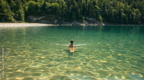 Happy woman smimming in the water, the clear lake photo