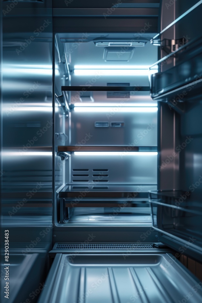 An empty refrigerator with the door left open. Suitable for illustrating food waste An empty refrigerator with the door left open. Suitable for illustrating food waste