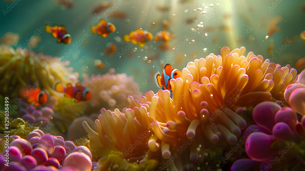 A clownfish swims in front of a coral reef A clownfish swims in front of a coral reef