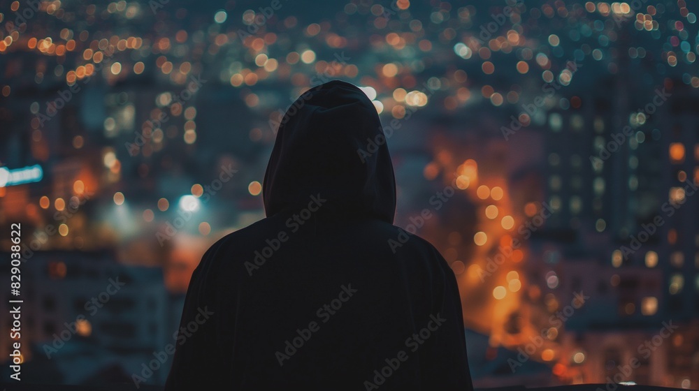 back view of hacker in sport suit standing on roof top above night megapolis city, anonymous faceless man in a hood back view of hacker in sport suit standing on roof top above night megapolis city, anonymous faceless man in a hood
