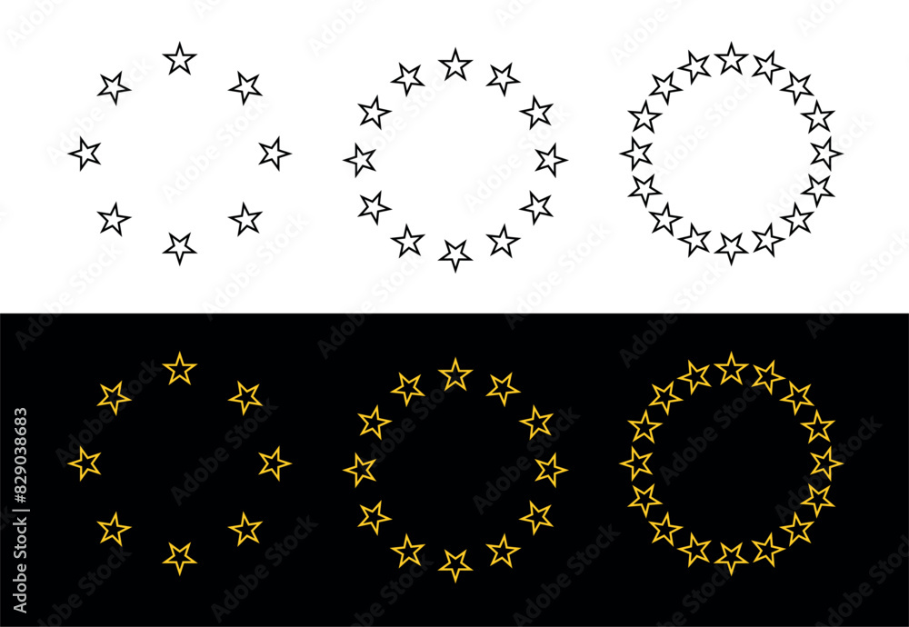 Obraz premium Icon of golden stars in a semicircle or around. Symbol of status or endurance. An attribute of quality or rating.