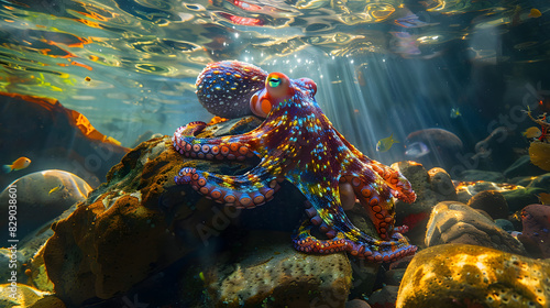 A large octopus is swimming in the ocean next to some coral photo