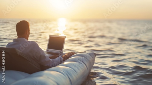 businessman working on a computer and sitting on an air mattress on the sea in the soft sunlight photo