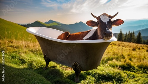 cow soaking relaxing in a bathtub photo