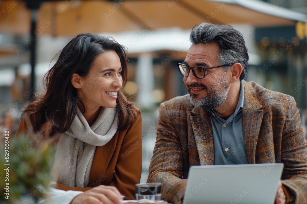 Portrait of successful business people working talking together in urban background. Portrait of successful business people working talking together in urban background.
