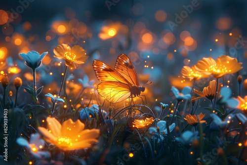 A solitary firefly dancing amidst a field of wildflowers, illuminating the darkness with its gentle glow. Concept of nocturnal beauty and bioluminescence. Generative Ai. © Sebastian