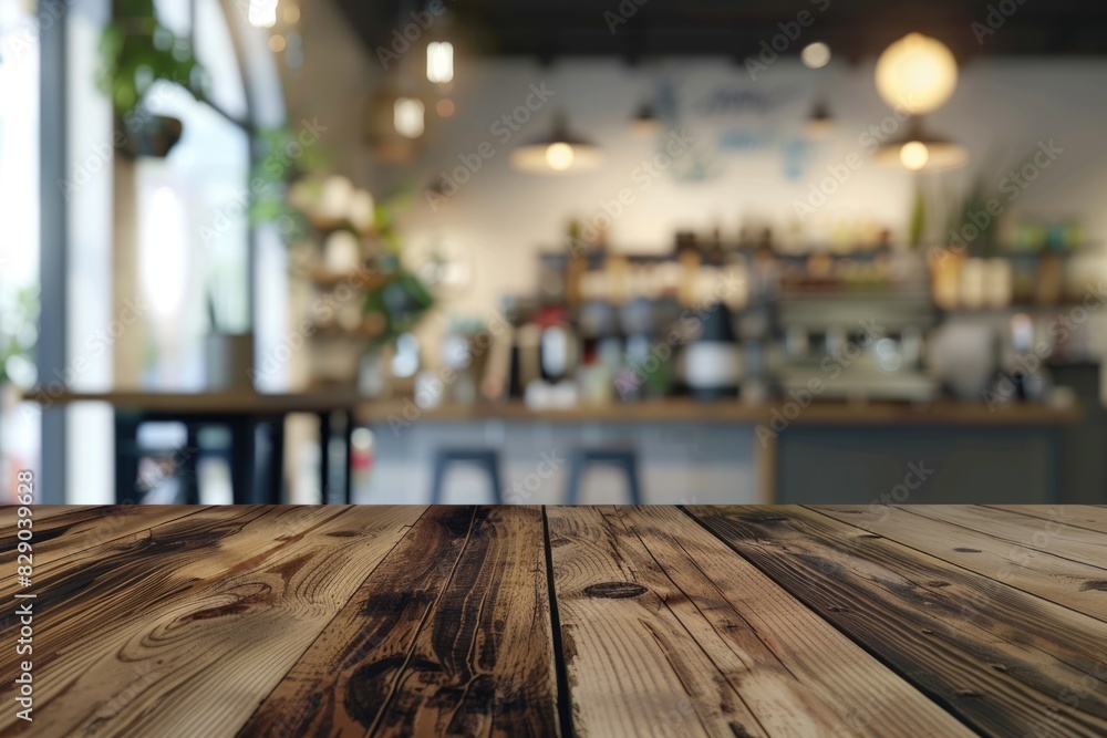 Empty wooden table in coffee shop for product display. Empty wooden table in coffee shop for product display.