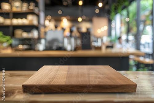 Empty wooden table in coffee shop for product display.