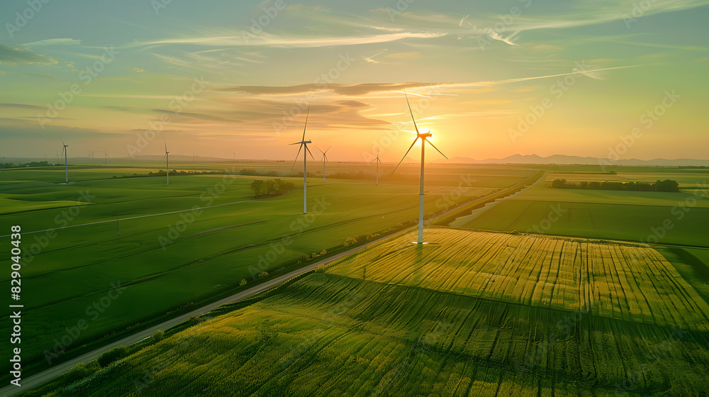 A field of wind turbines with the sun setting in the background A field of wind turbines with the sun setting in the background