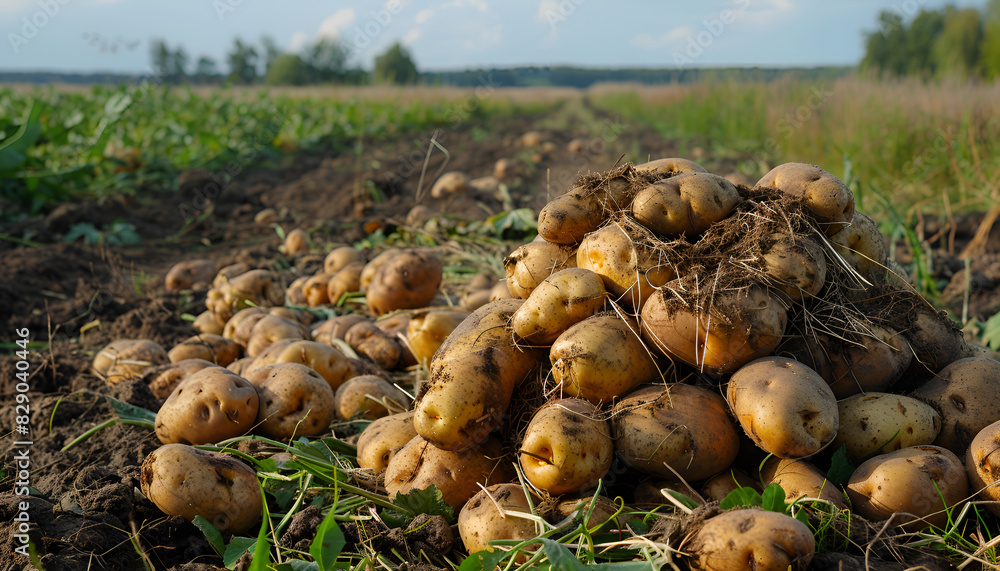 pile of ripe potatoes on the ground in field pile of ripe potatoes on the ground in field