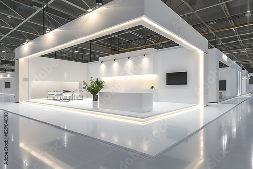 A sleek modern exhibition booth in a large convention center with minimalist design and strategic lighting
